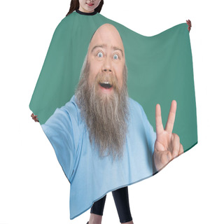 Personality  Amazed Plus Size Man With Beard Showing Victory Gesture Isolated On Green Hair Cutting Cape