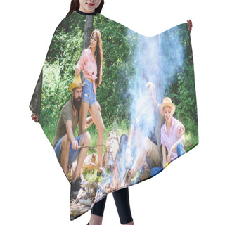 Personality  Friends Couples Enjoy Vacation Or Weekend Forest. Summer Vacation. Company Adult Friends Relaxing Near Campfire. Friends Spend Leisure Weekend Forest Nature Background. Pleasant Weekend Near Campfire Hair Cutting Cape