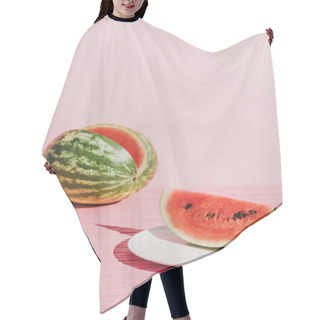 Personality  Close Up View Of Slice Of Watermelon On Plate On Pink Background Hair Cutting Cape