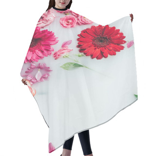 Personality  Top View Of Colorful Roses, Gerbera And Chrysanthemum Flowers In Milk Hair Cutting Cape