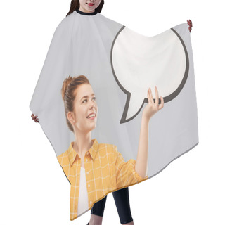 Personality  Red Haired Teenage Girl Holding Speech Bubble Hair Cutting Cape