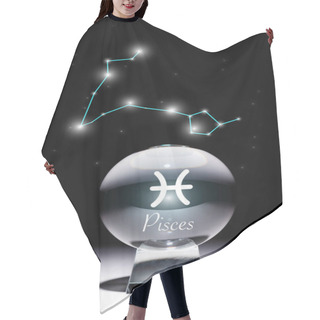Personality  Crystal Ball With Pisces Zodiac Sign Isolated On Black With Constellation Hair Cutting Cape