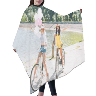 Personality  Happy Blonde And Brunette Girls Riding Bikes With Balloons Near River In Summer Hair Cutting Cape