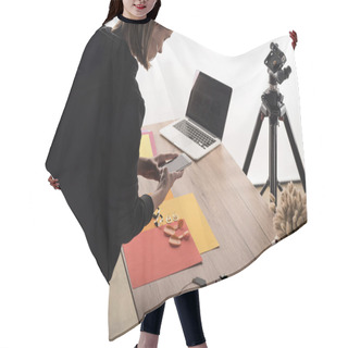 Personality  Commercial Photographer Taking Pictures Of Composition With Flora And Accessories On Smartphone Hair Cutting Cape