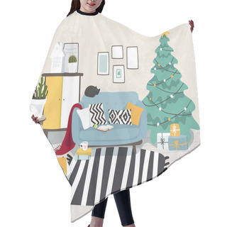 Personality  Christmas Home Interior Decorated For The Holiday. Modern Room With A Sofa And A Christmas Tree. Flat Stock Vector Illustration. Hair Cutting Cape