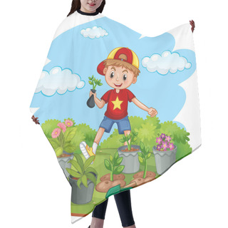Personality  Scene With Kid Planting Trees In The Garden Illustration Hair Cutting Cape