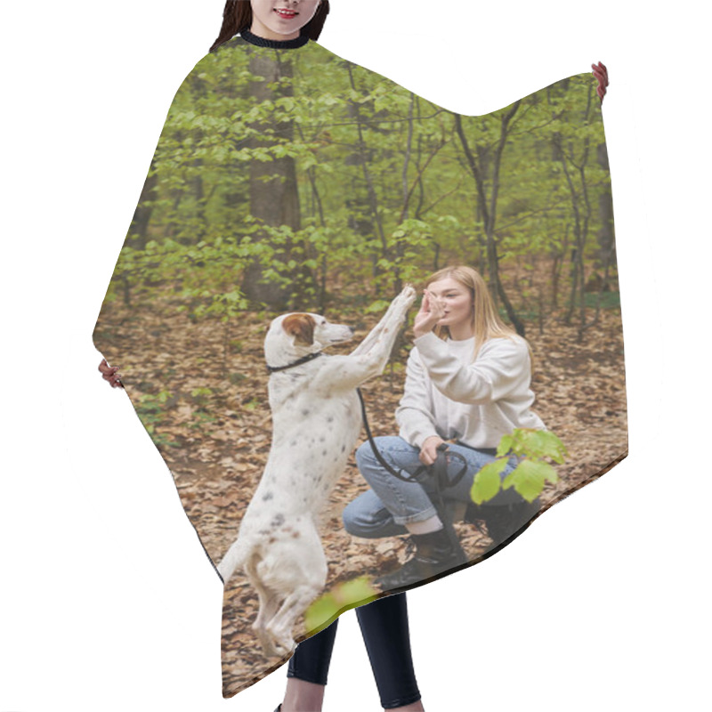 Personality  Smiling Hiker Woman With Her Pet Training Dog While Hiking Rest With Forest View Hair Cutting Cape