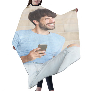 Personality  Portrait Of Handsome Young Man Sitting With Smartphone Hair Cutting Cape