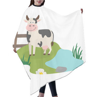 Personality  Illustration Of Cartoon Cow Standing On Grass Hair Cutting Cape