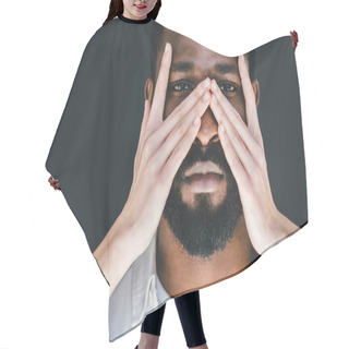 Personality  Cropped Image Of Girlfriend Touching African American Boyfriend Face With Hands Isolated On Black Hair Cutting Cape
