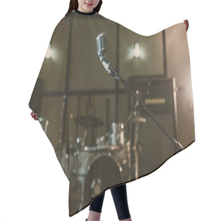 Personality  Vintage Microphone On Stand Against Blurred Drum Set Hair Cutting Cape