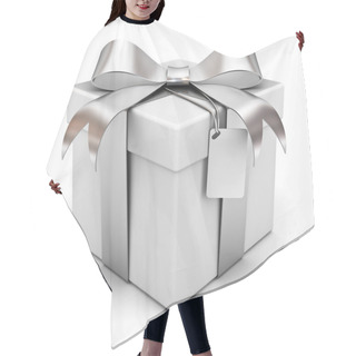 Personality  Gift Box With Silver Ribbon Bow And Blank Tag Isolated Over White Background Hair Cutting Cape