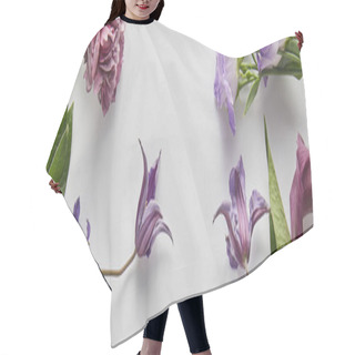 Personality  Top View Of Violet And Purple Flowers On White Background, Panoramic Shot Hair Cutting Cape