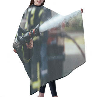 Personality  Partial View Of Firefighter With Water Hose Extinguishing Fire On Street Hair Cutting Cape