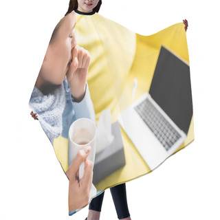 Personality  Sick Woman Coughing While Holding Cup Near Laptop And Napkins On Blurred Background  Hair Cutting Cape