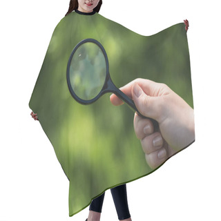 Personality  Partial View Of Woman With Magnifying Glass In Hand On Green Blurred Backdrop Hair Cutting Cape