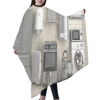 Personality  Set Of Home Kitchen Appliances On The Wall Background. Household Technics. 3d Illustration Hair Cutting Cape