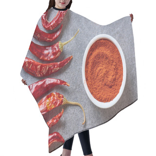 Personality  Top View Of Arranged Grinded And Wholesome Chili Peppers On Grey Tabletop Hair Cutting Cape