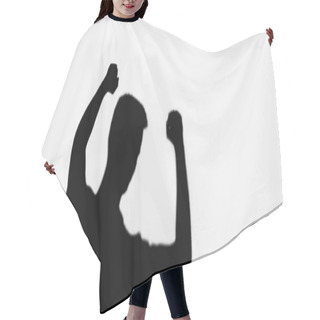 Personality  Black Shadow Of Man Showing Triumph Gesture Isolated On White Hair Cutting Cape