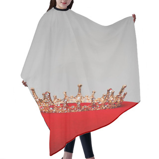 Personality  Golden Royal Crown On Red Velvet Cushion Isolated On Grey Hair Cutting Cape