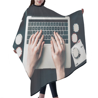 Personality  Woman Hands On Laptop By Cards And Chips On Casino Table Hair Cutting Cape