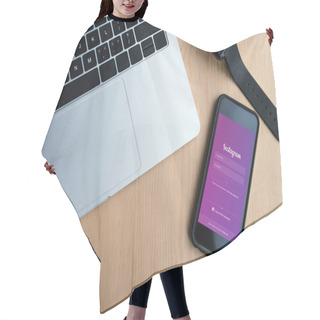 Personality  Top View Of Laptop, Smartwatch And Smartphone With Instagram Website On Screen Hair Cutting Cape
