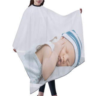 Personality  Portrait Of Sleeping Innocent Infant Baby In Hat Hair Cutting Cape