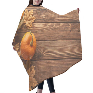 Personality  Top View Of Small Pumpkins On Brown Wooden Surface With Dried Autumn Leaves Hair Cutting Cape