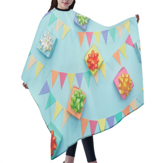 Personality  Top View Of Gifts And Festive Colorful Bunting On Blue Background Hair Cutting Cape