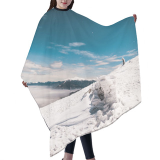 Personality  Scenic View Of Snowy Mountain With Pine Tree And White Fluffy Clouds Hair Cutting Cape