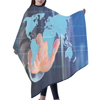 Personality  View Of A Businessman Holding A Connected World Map On A Futuristic Interface - 3d Render Hair Cutting Cape