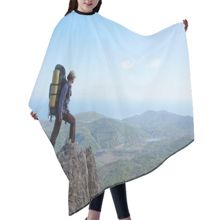Personality  Backpacker Girl Standing On A High Rock Hair Cutting Cape