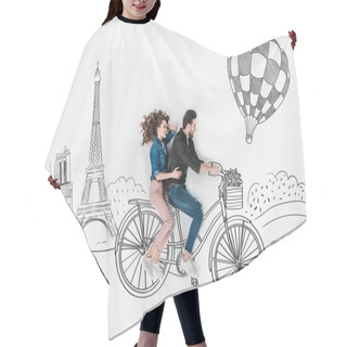 Personality  Creative Hand Drawn Collage With Couple Riding Bike Together At Paris Hair Cutting Cape
