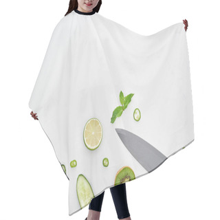 Personality   Top View Of Knife, Fresh Cucumbers, Kiwi, Lime, Peppers And Greenery  Hair Cutting Cape