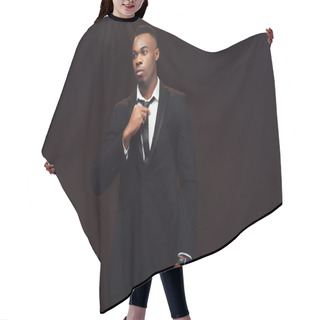 Personality  Handsome Fashionable African American Man In Suit Adjusting Tie Isolated On Black  Hair Cutting Cape