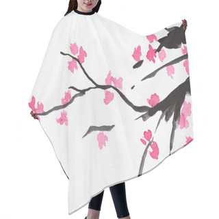 Personality  Japanese Painting With Sakura Branches With Flowers On White Hair Cutting Cape