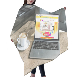 Personality  Cup Of Cappuccino And Laptop With Aliexpress Website On Screen On Rustic Wooden Table At Cafe Hair Cutting Cape