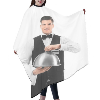 Personality  Waiter With Metal Tray And Cloche On White Background Hair Cutting Cape