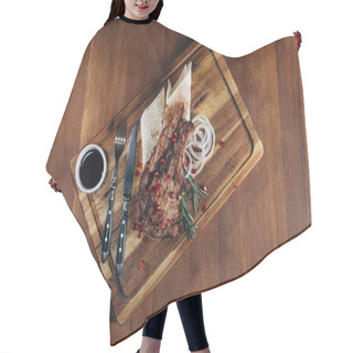 Personality  Top View Of Grilled Steak Served With Sauce And Pomegranate Seeds On Wooden Board Hair Cutting Cape