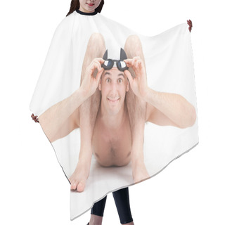 Personality  Smiling Happy Flexible Contorsionist Swimmer With Cap And Goggles On Grey Background Hair Cutting Cape