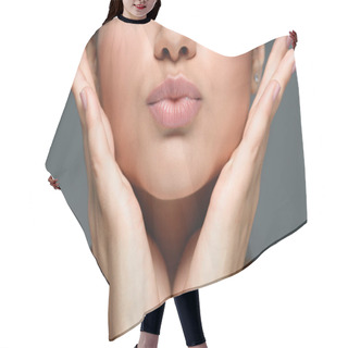 Personality  Partial View Of Woman With Hands At Cheeks And Duck Face Isolated On Grey Hair Cutting Cape