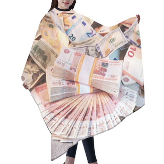Personality  Large Stack And Fan Of Banknotes, Russian Rubles And Different Coins Laying On A Grey Surface Hair Cutting Cape