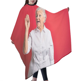 Personality  Senior Beautiful Woman Wearing Elegant Shirt Standing Over Isolated Red Background Waiving Saying Hello Happy And Smiling, Friendly Welcome Gesture Hair Cutting Cape