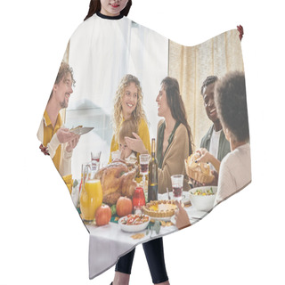 Personality  Happy Multiracial Family And Friends Enjoying Meals And Drinks While Gathering On Thanksgiving Day Hair Cutting Cape