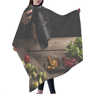 Personality  Cropped View Of Female Photographer Making Food Composition For Commercial Photography And Taking Photo On Digital Camera  Hair Cutting Cape