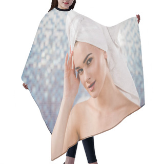 Personality  Attractive Young Woman With Towel On Head At Spa Hair Cutting Cape