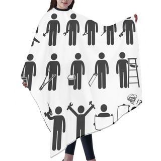 Personality  Handyman Worker Using DIY Work Tools Stick Figure Pictogram Icons Hair Cutting Cape