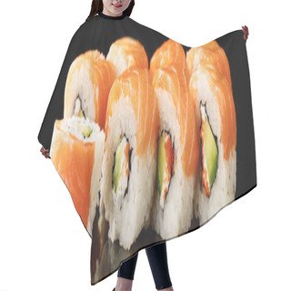 Personality  Delicious Philadelphia Sushi With Avocado, Creamy Cheese, Salmon And Masago Caviar Isolated On Black, Panoramic Shot Hair Cutting Cape