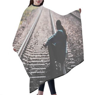 Personality  Young Man Sitting On The Railway Track And Thinking About Life Hair Cutting Cape