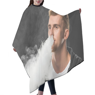 Personality  Young Bearded Man Exhaling Smoke Of Electronic Cigarette Surrounded By Clouds Of Steam Hair Cutting Cape